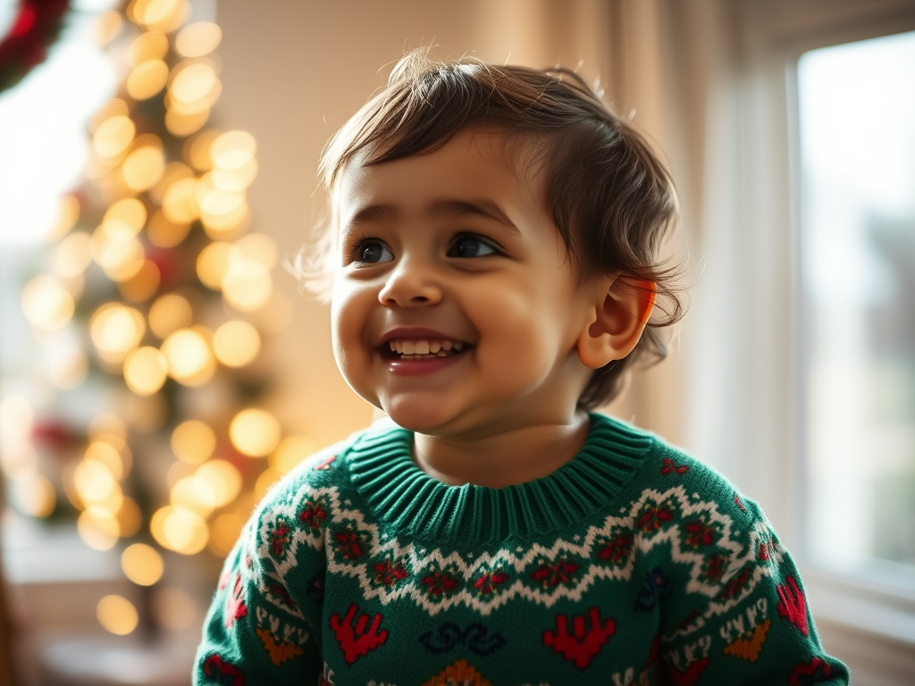 enfant-dans-un-pull-over-de-noel-vert